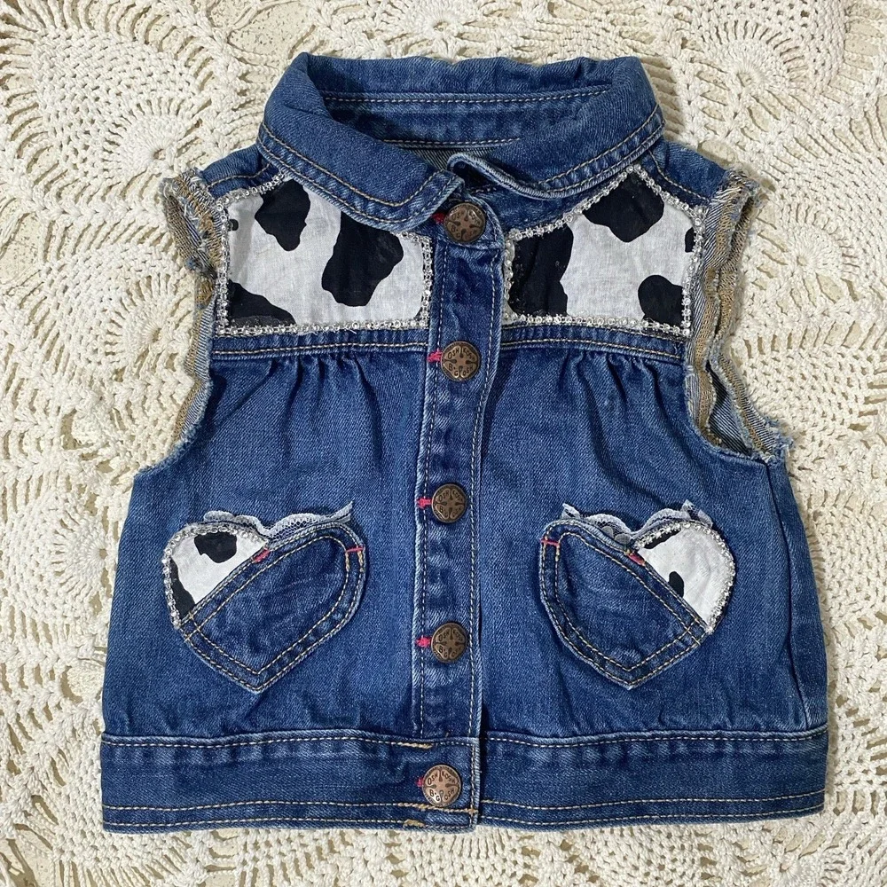 OshKosh‎ B'gosh Toddler Western Bling Denim Vest Cow Print Jewel Trim Size 2T